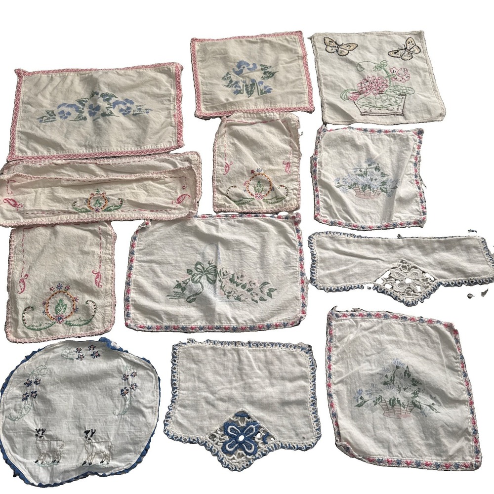 Set Of 13 Vtg Dresser Top Linen Doilies Hand Embroidered Crochet Edge EUC 60's